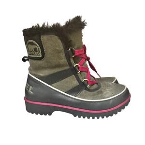 Sorel Winter Carnival Snow Boots Women's 6 Olive Green Suede Fur Waterproof